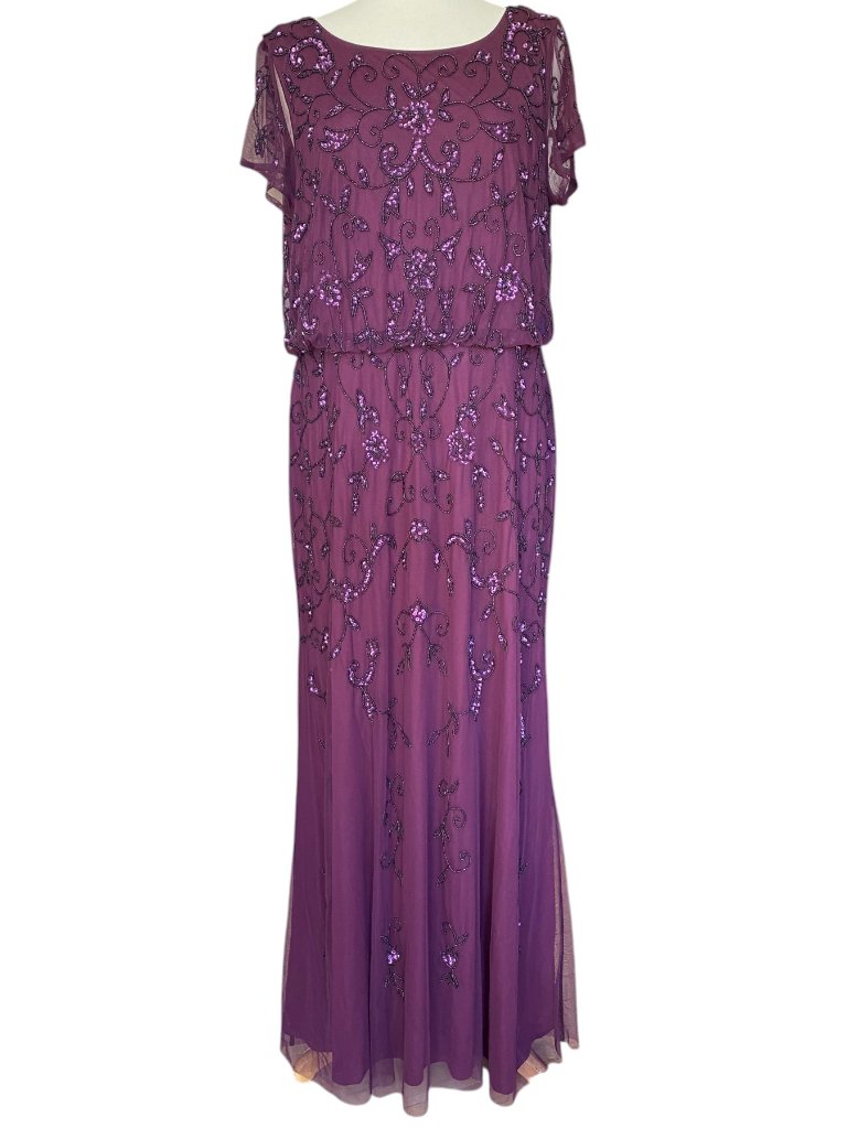 Nwt Papell Studio Hand-Beaded Blouson Maxi Gown Dress Mesh Berry Evening Plus 18